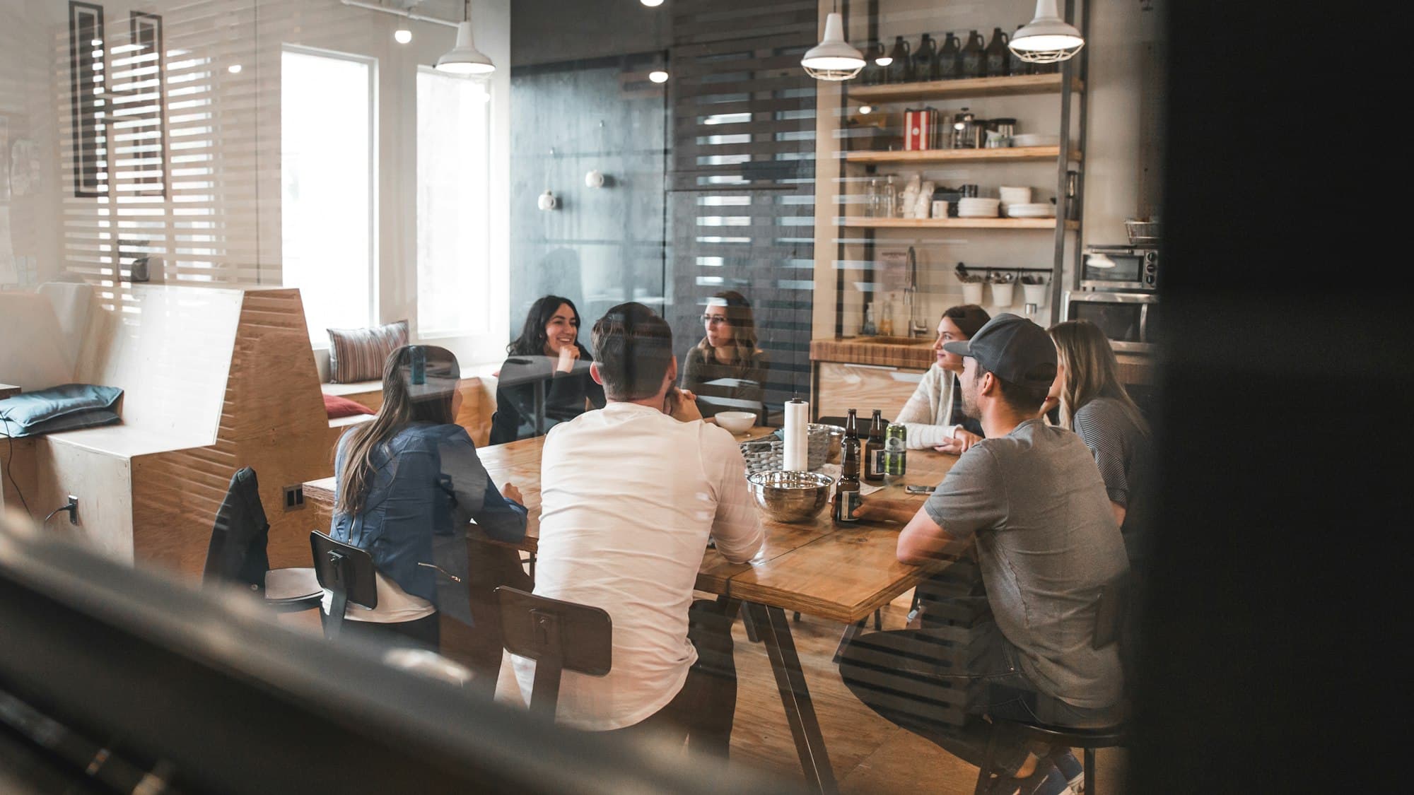 A business team collaborating around a table